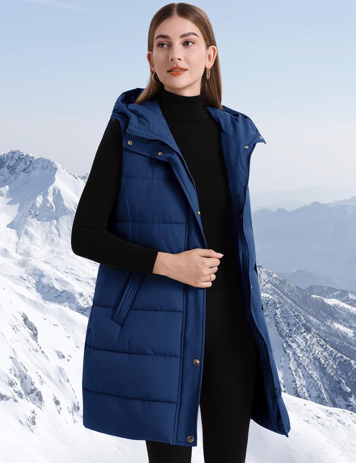 imageFlygo Long Puffer Vest Women Hooded Sleeveless Winter Jacket Button Zip Up Quilted Vest Padded OuterwearBlue