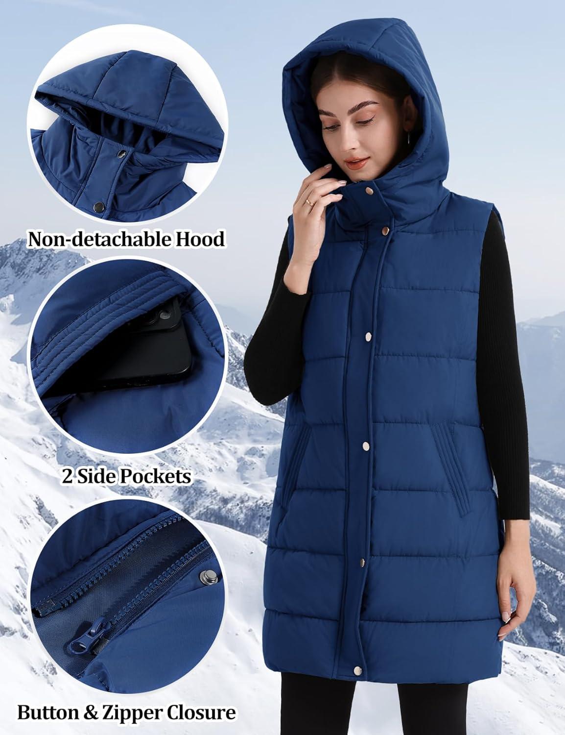imageFlygo Long Puffer Vest Women Hooded Sleeveless Winter Jacket Button Zip Up Quilted Vest Padded OuterwearBlue