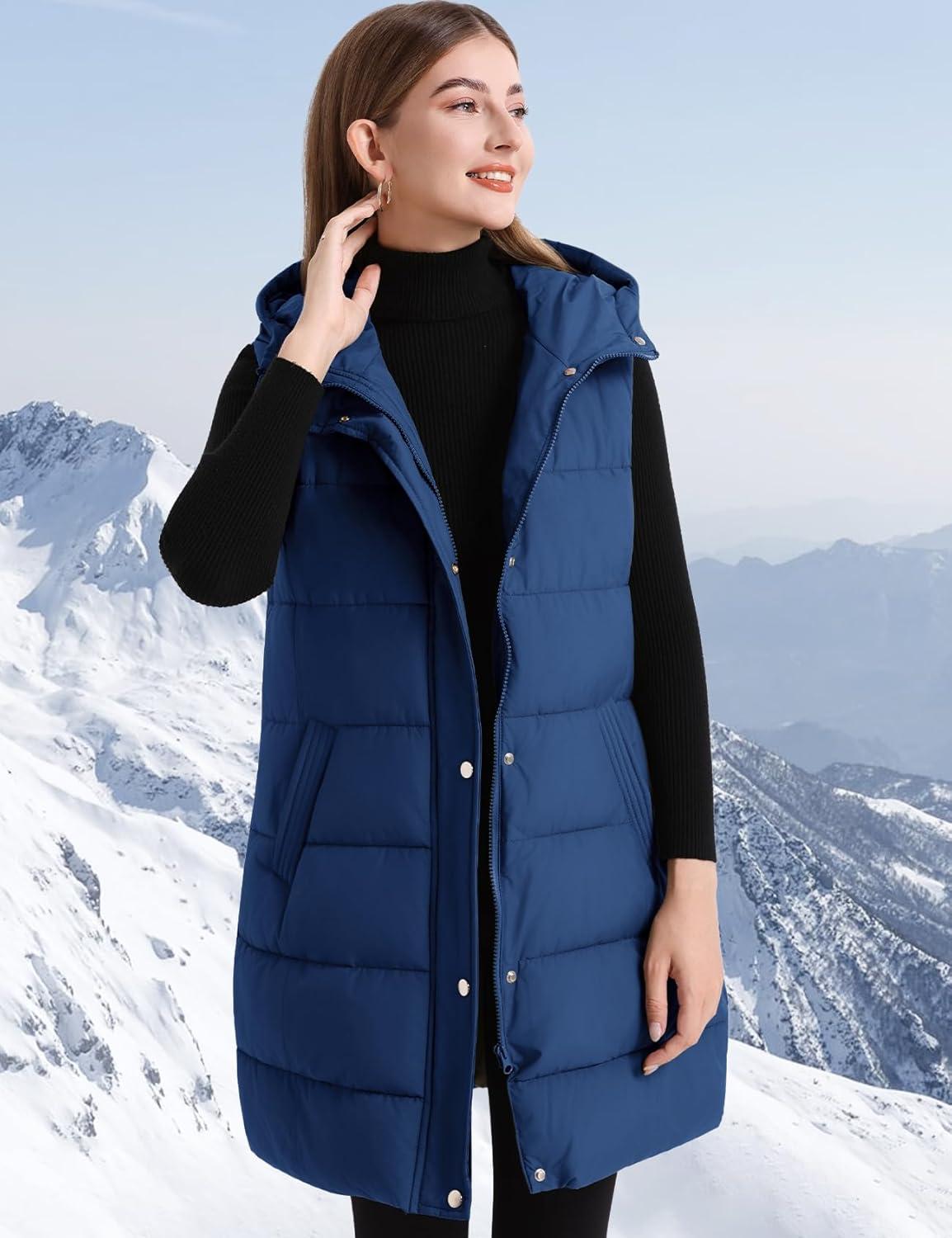 imageFlygo Long Puffer Vest Women Hooded Sleeveless Winter Jacket Button Zip Up Quilted Vest Padded OuterwearBlue