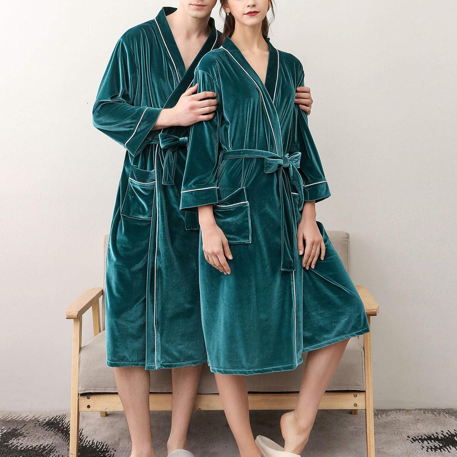 imageFlygo Mens Pleuche Bathrobe Long Nightwear Sleepwear PocketsGreen
