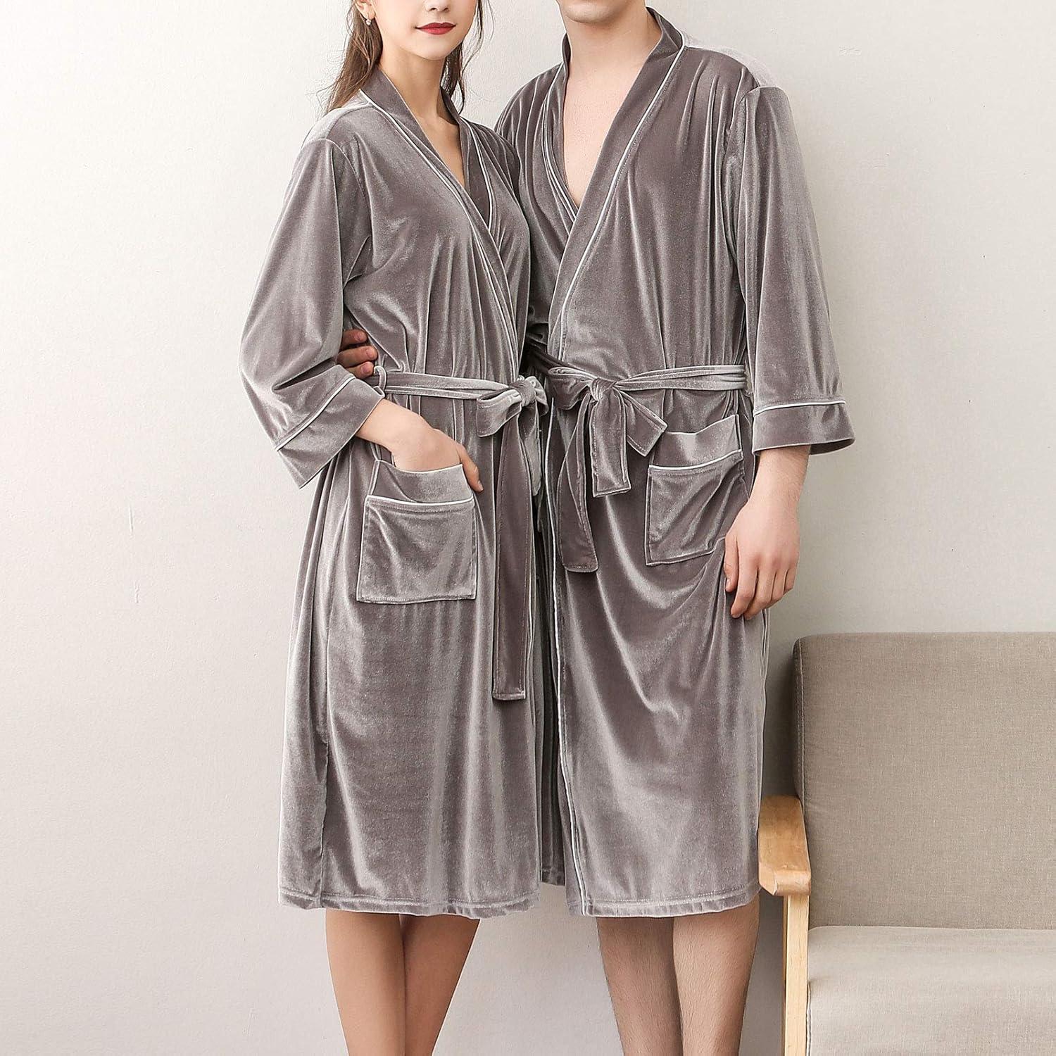imageFlygo Mens Pleuche Bathrobe Long Nightwear Sleepwear PocketsGrey