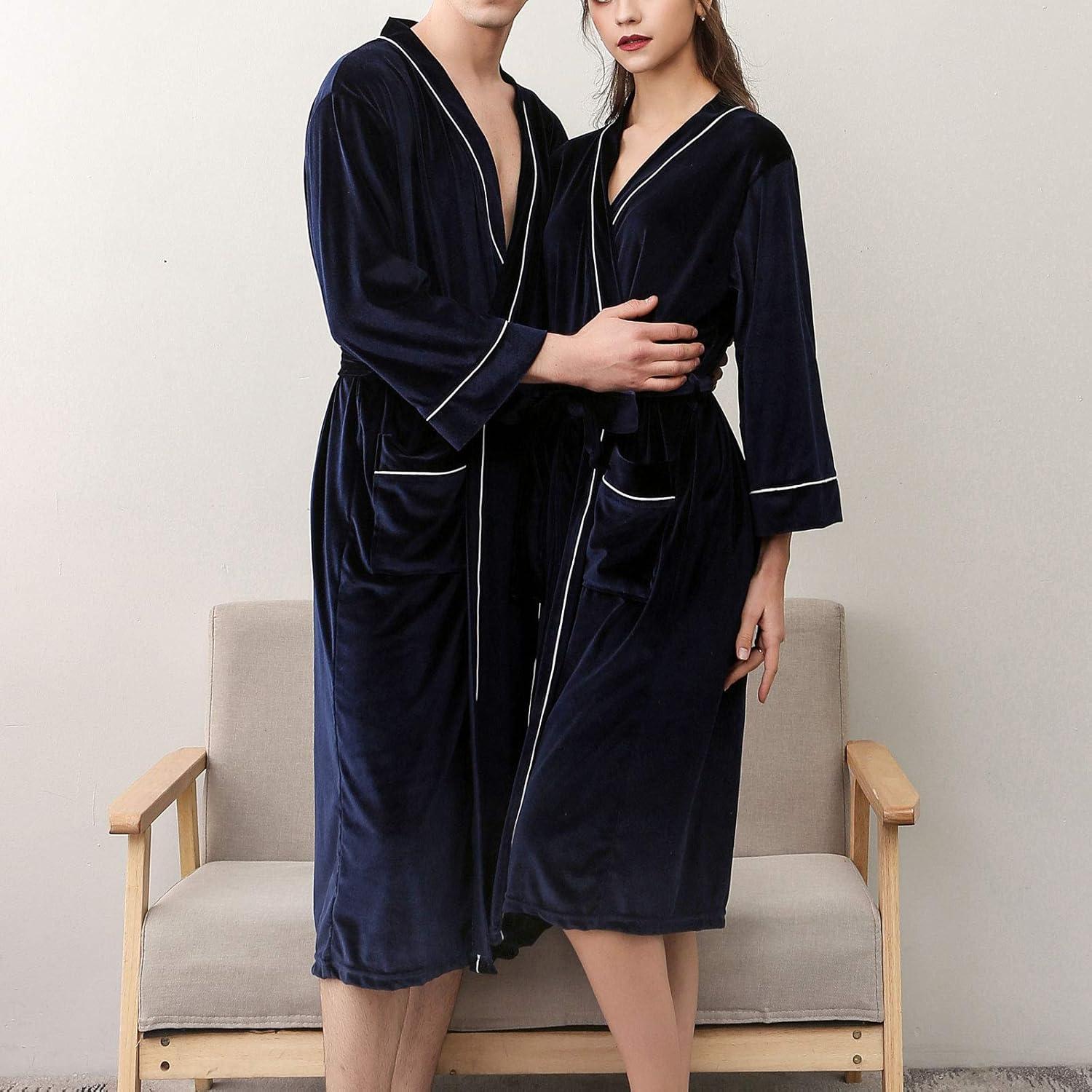 imageFlygo Mens Pleuche Bathrobe Long Nightwear Sleepwear PocketsNavy