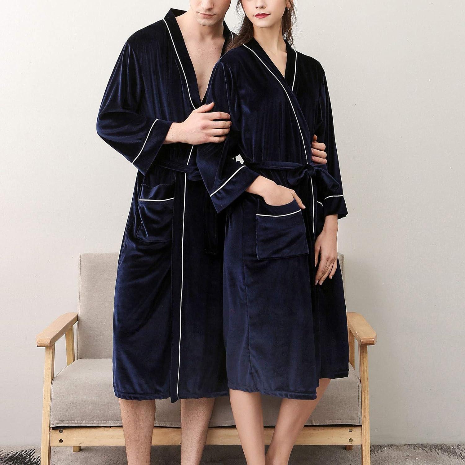 imageFlygo Mens Pleuche Bathrobe Long Nightwear Sleepwear PocketsNavy