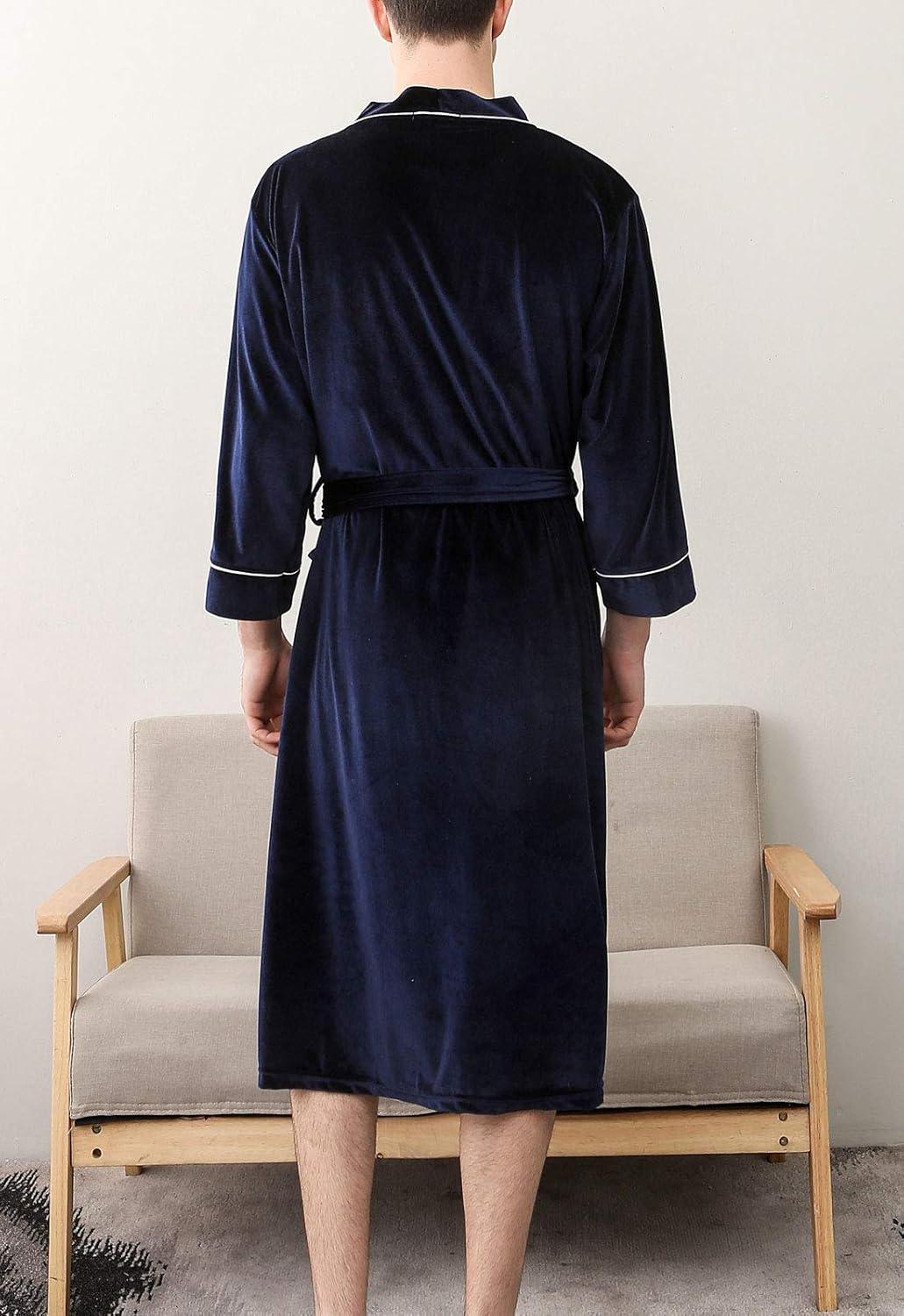 imageFlygo Mens Pleuche Bathrobe Long Nightwear Sleepwear PocketsNavy