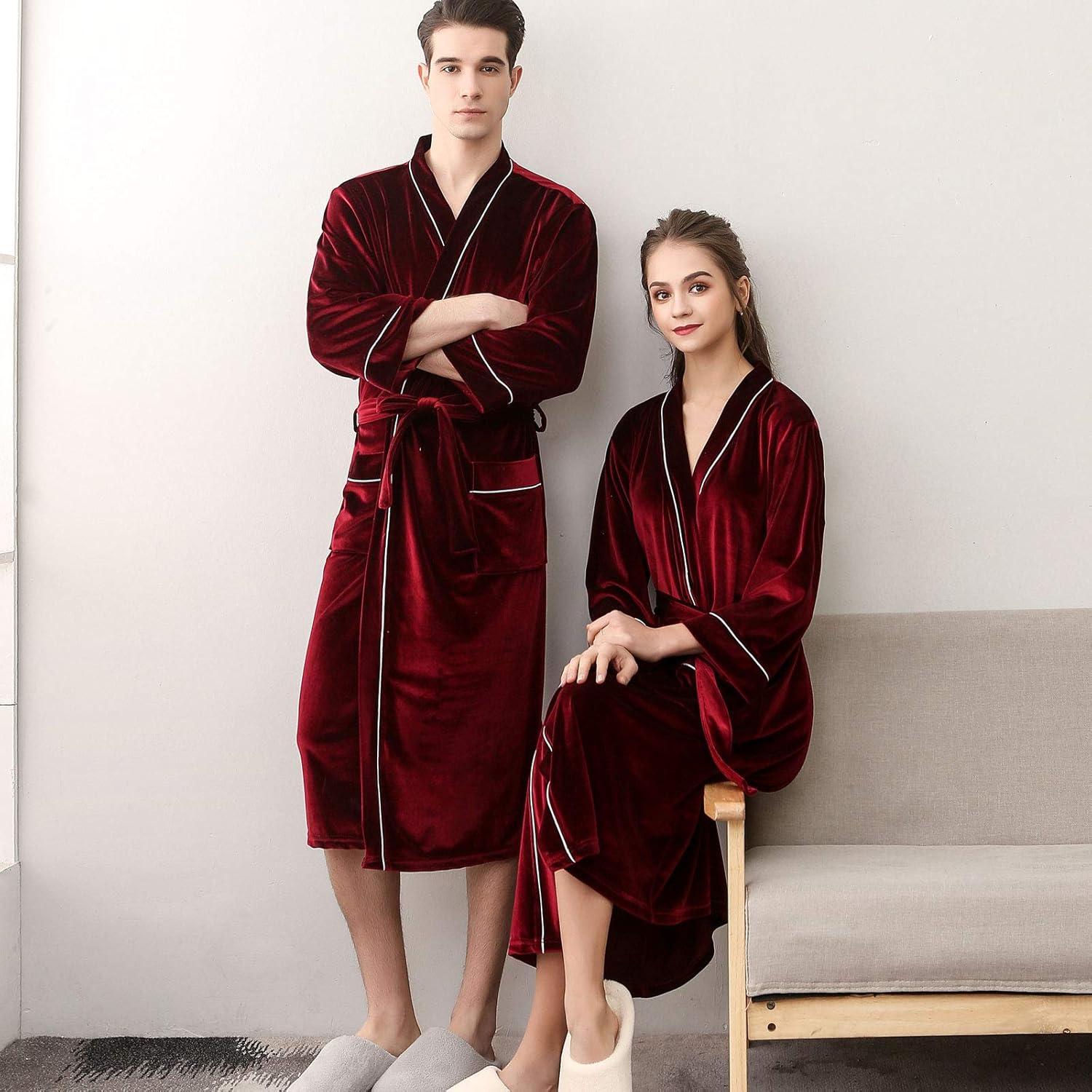 imageFlygo Mens Pleuche Bathrobe Long Nightwear Sleepwear PocketsWine Red