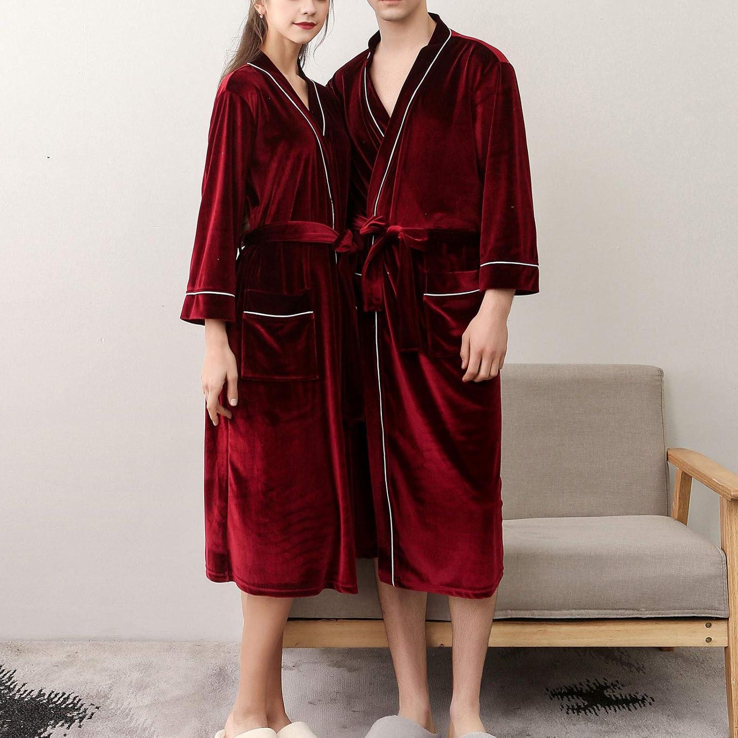 imageFlygo Mens Pleuche Bathrobe Long Nightwear Sleepwear PocketsWine Red
