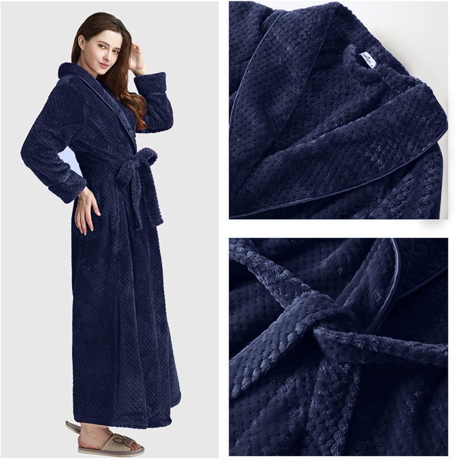 imageFlygo Women Fleece Long Robe Plush Long Bathrobes Soft Warm Sleepwear Pjs Loungewear with PocketsBlueL