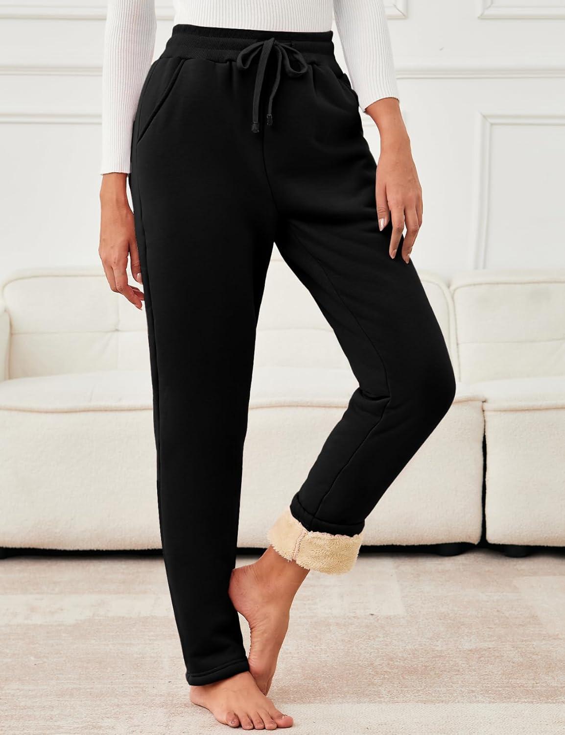 imageFlygo Womens Warm Fleece Pants Sherpa Lined Sweatpants Active Running Joggers PantsBlack