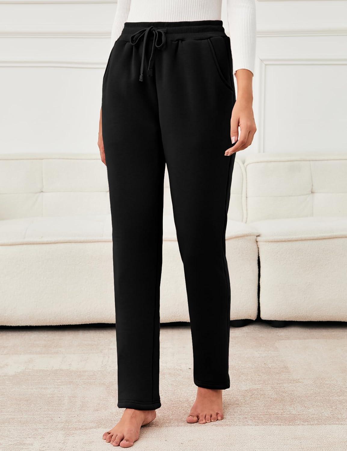 imageFlygo Womens Warm Fleece Pants Sherpa Lined Sweatpants Active Running Joggers PantsBlack