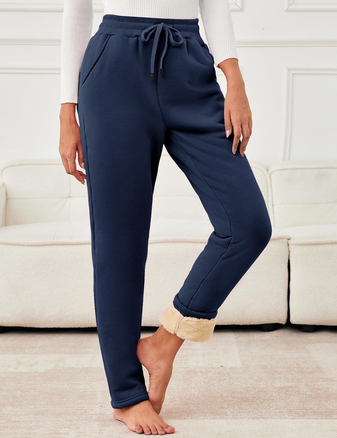 imageFlygo Womens Warm Fleece Pants Sherpa Lined Sweatpants Active Running Joggers PantsNavy