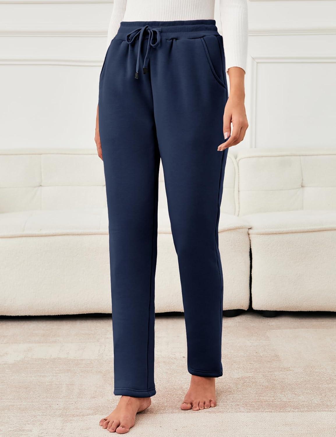 imageFlygo Womens Warm Fleece Pants Sherpa Lined Sweatpants Active Running Joggers PantsNavy