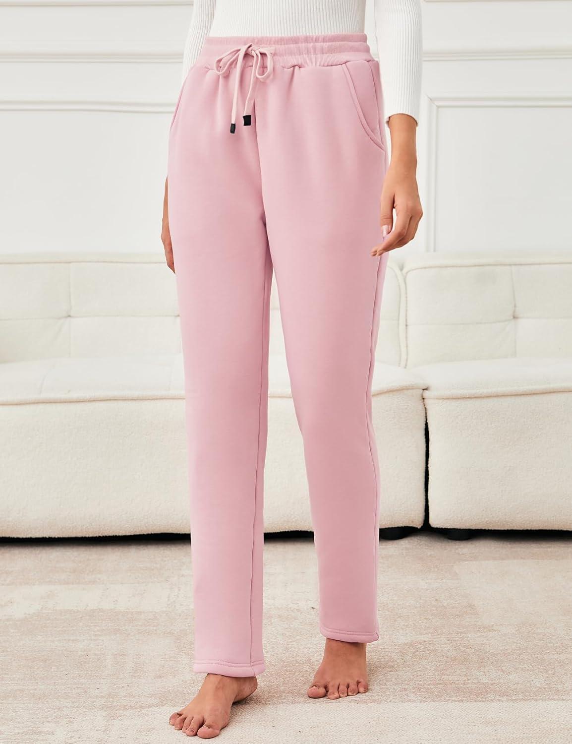 imageFlygo Womens Warm Fleece Pants Sherpa Lined Sweatpants Active Running Joggers PantsPink
