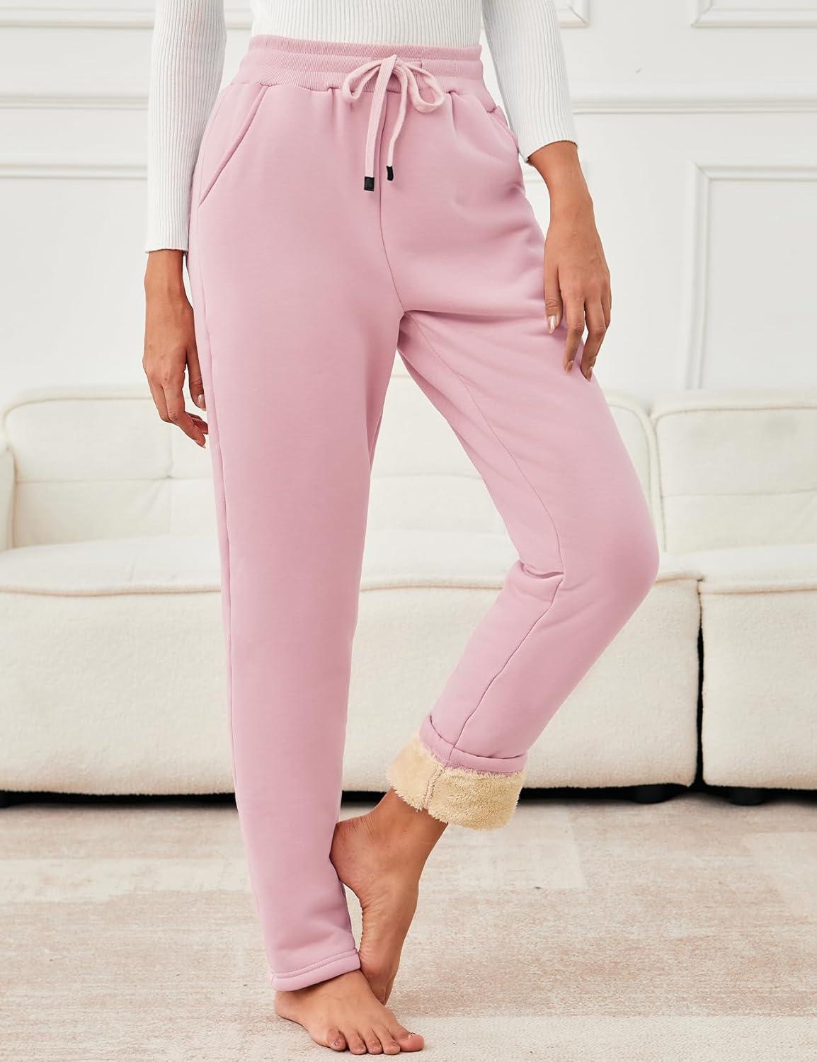 imageFlygo Womens Warm Fleece Pants Sherpa Lined Sweatpants Active Running Joggers PantsPink