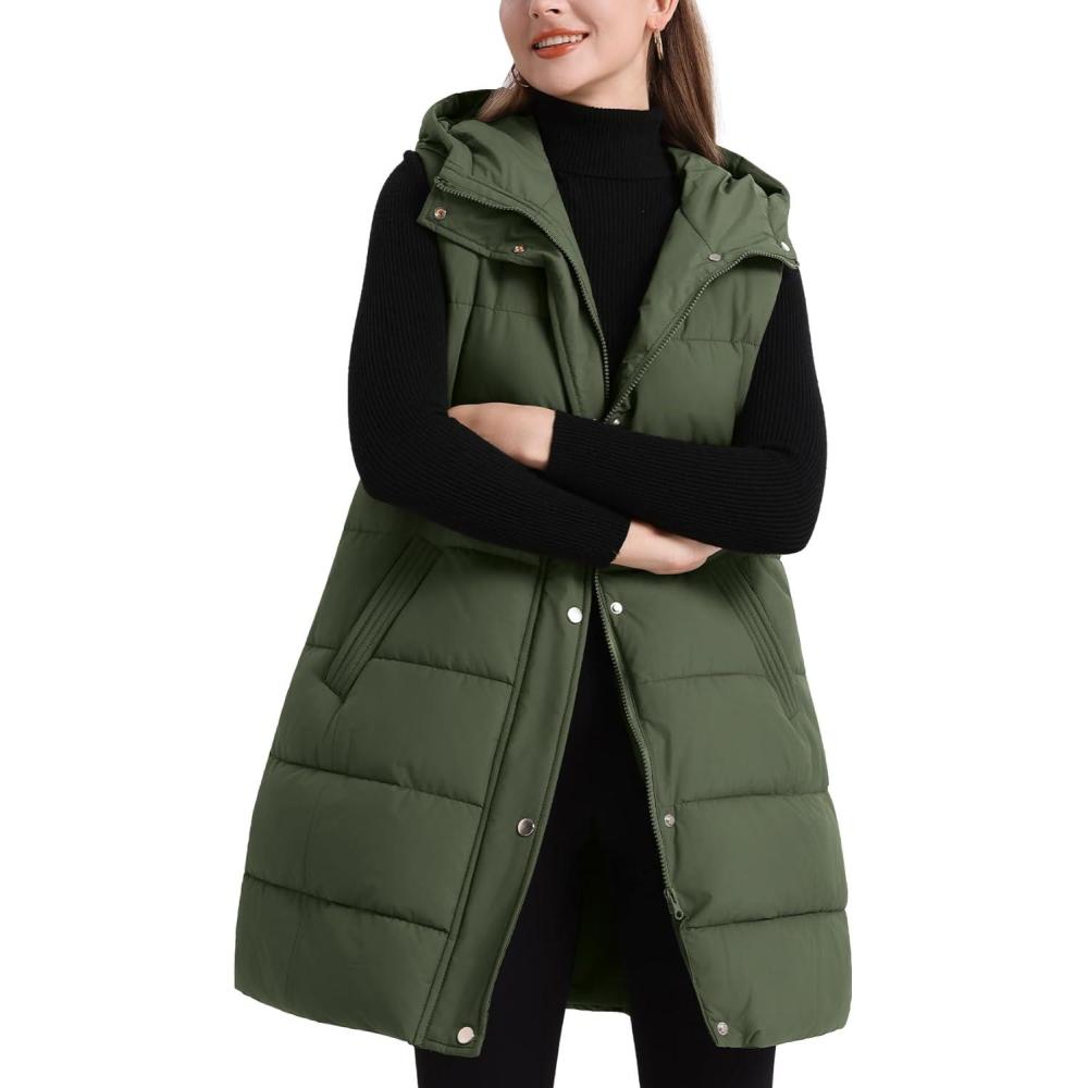 imageFlygo Long Puffer Vest Women Hooded Sleeveless Winter Jacket Button Zip Up Quilted Vest Padded OuterwearArmy Green
