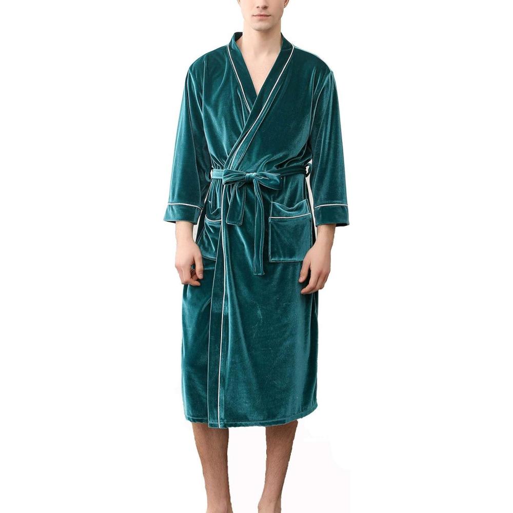 imageFlygo Mens Pleuche Bathrobe Long Nightwear Sleepwear PocketsGreen