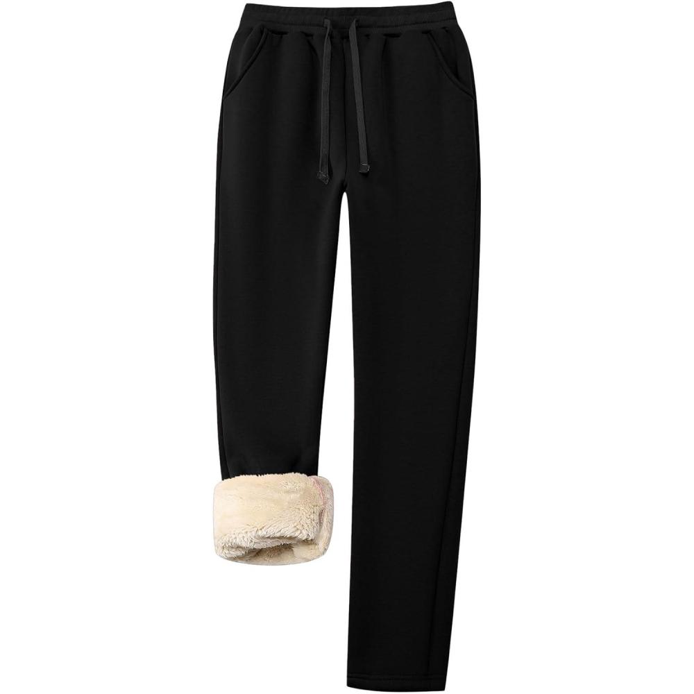 imageFlygo Womens Warm Fleece Pants Sherpa Lined Sweatpants Active Running Joggers PantsBlack