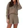 imageFlygo Womens Casual 2 Piece Outfit Button Down Long Sleeve Blouse Top Shorts Lounge SetsDarkkhaki