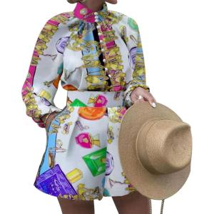 imageFlygo 2 Piece Shirt and Shorts Sets Button Blouse Printing Loose Cotton Linen Elastic Waist Lounge Set OutfitsColor