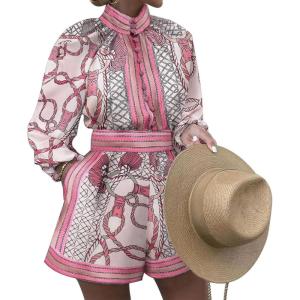 imageFlygo 2 Piece Shirt and Shorts Sets Button Blouse Printing Loose Cotton Linen Elastic Waist Lounge Set OutfitsPink