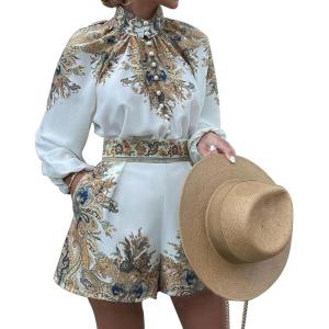 imageFlygo 2 Piece Shirt and Shorts Sets Button Blouse Printing Loose Cotton Linen Elastic Waist Lounge Set OutfitsWhite