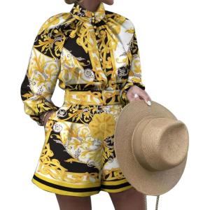 imageFlygo 2 Piece Shirt and Shorts Sets Button Blouse Printing Loose Cotton Linen Elastic Waist Lounge Set OutfitsYellow