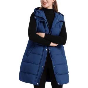 imageFlygo Long Puffer Vest Women Hooded Sleeveless Winter Jacket Button Zip Up Quilted Vest Padded OuterwearBlue