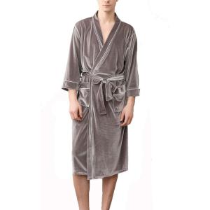 imageFlygo Mens Pleuche Bathrobe Long Nightwear Sleepwear PocketsGrey