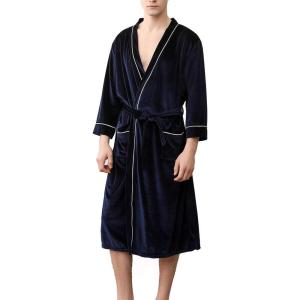 imageFlygo Mens Pleuche Bathrobe Long Nightwear Sleepwear PocketsNavy