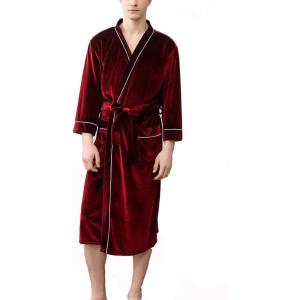 imageFlygo Mens Pleuche Bathrobe Long Nightwear Sleepwear PocketsWine Red