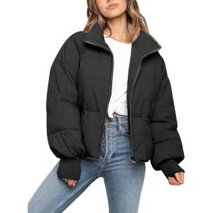 imageFlygo Women Cropped Puffer Jacket Winter Jackets Lightweight Zip Up Stand Collar Quilted CoatsA Black