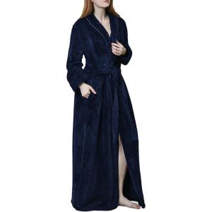 imageFlygo Women Fleece Long Robe Plush Long Bathrobes Soft Warm Sleepwear Pjs Loungewear with PocketsBlueL