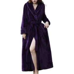 imageFlygo Women Fleece Long Robe Plush Long Bathrobes Soft Warm Sleepwear Pjs Loungewear with PocketsPurpleXL