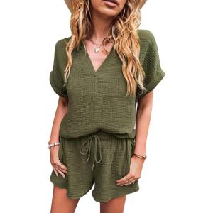 imageFlygo Womens 2 Piece Outfits Cotton Linen V Neck Short Sleeve Shirt Shorts Lounge Set with PocketsArmyGreenL