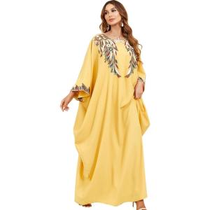 imageFlygo Womens Batwing Floral Embroidery Long Sleeve Oversized Maxi Dress Sleep LoungewearAYellowOne Size