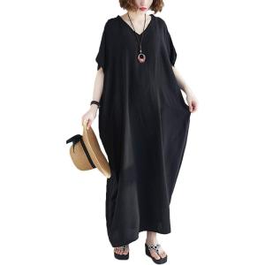 imageFlygo Womens Batwing Short Sleeve Maxi Dress Long Shirt Dresses Oversized Sleep Loungewear One Size Black