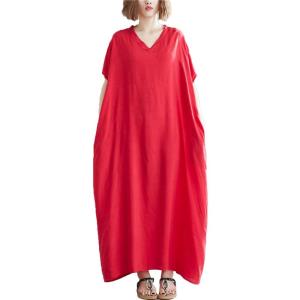 imageFlygo Womens Batwing Short Sleeve Maxi Dress Long Shirt Dresses Oversized Sleep Loungewear One Size Red