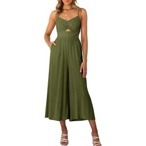 imageFlygo Womens Spaghetti Strap Summer Jumpsuits V Neck Cutout Smocked Wide Leg Rompers with PocketsArmygreen