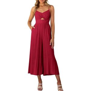 imageFlygo Womens Spaghetti Strap Summer Jumpsuits V Neck Cutout Smocked Wide Leg Rompers with PocketsRed