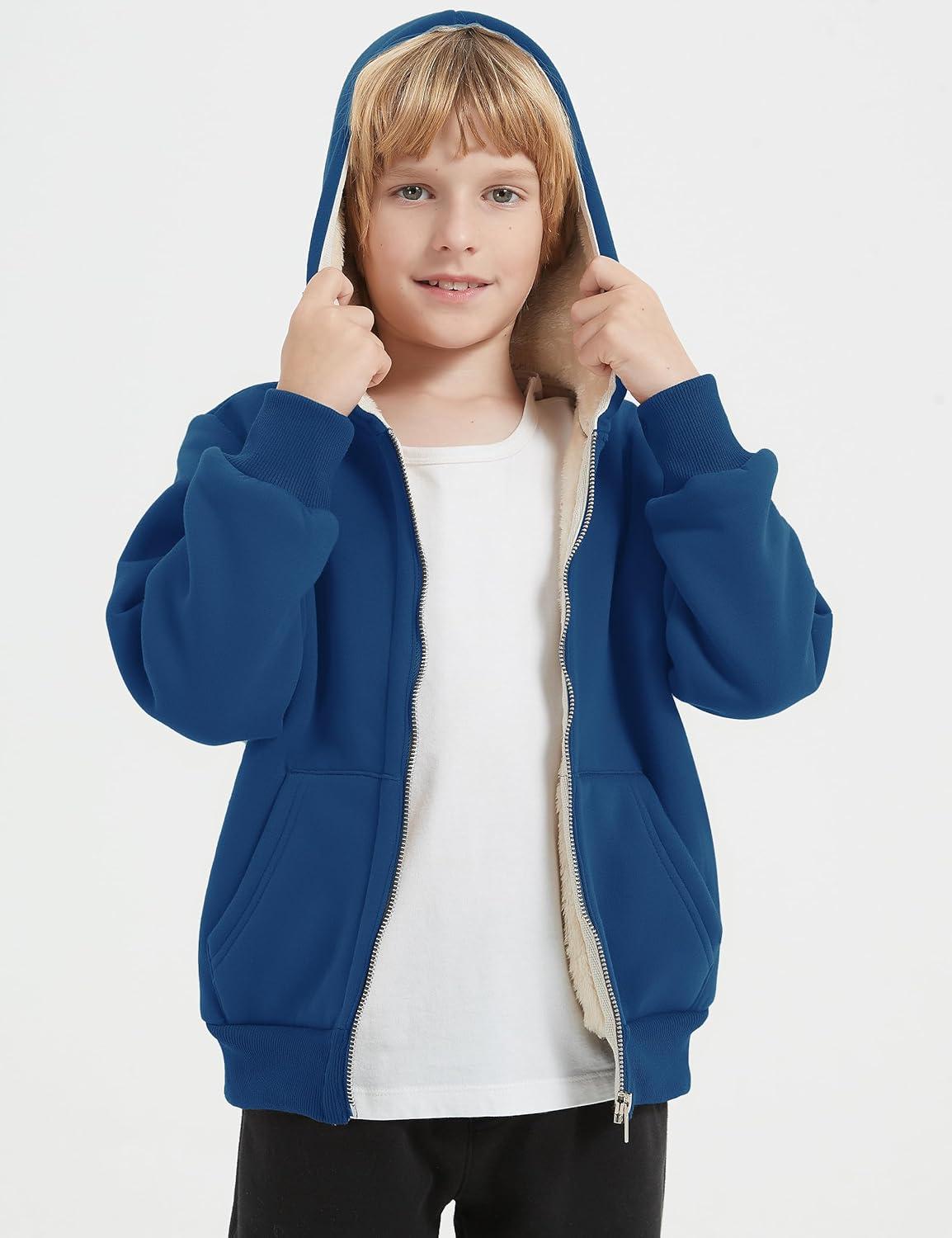 imageFlygo Unisex Boys Girls Fleece Jacket Hoodie Sherpa Lined Zip Up Hooded Sweatshirt Kids Winter JacketsLake Blue