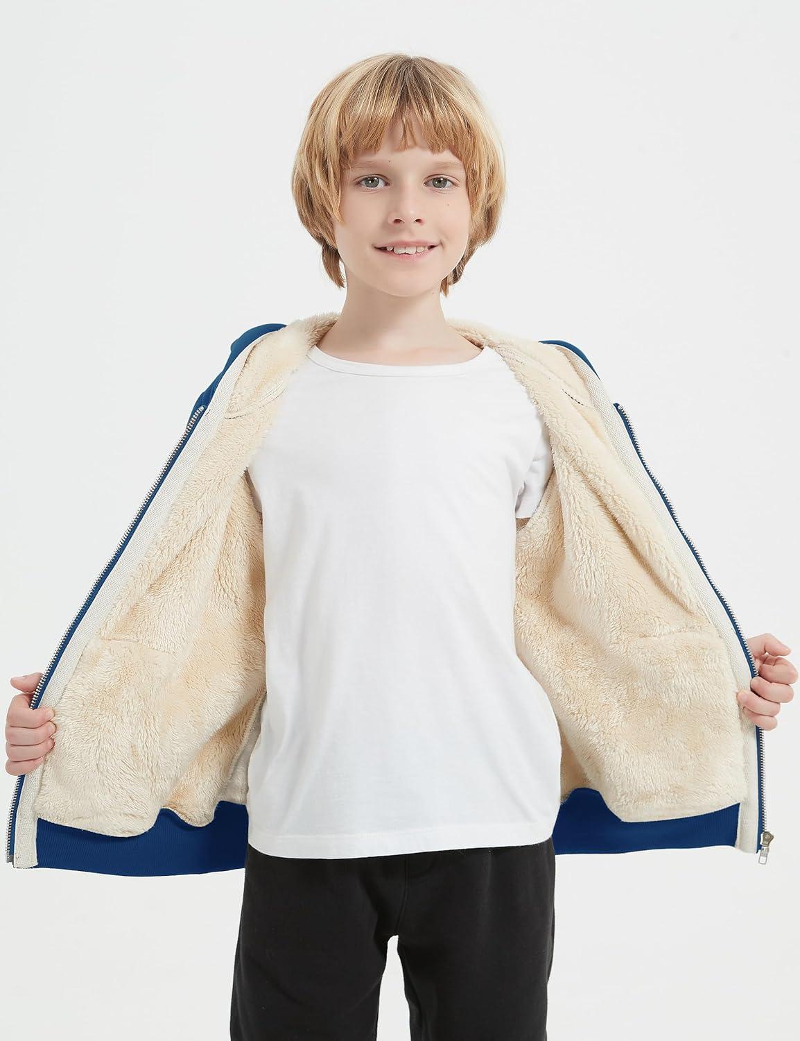 imageFlygo Unisex Boys Girls Fleece Jacket Hoodie Sherpa Lined Zip Up Hooded Sweatshirt Kids Winter JacketsLake Blue