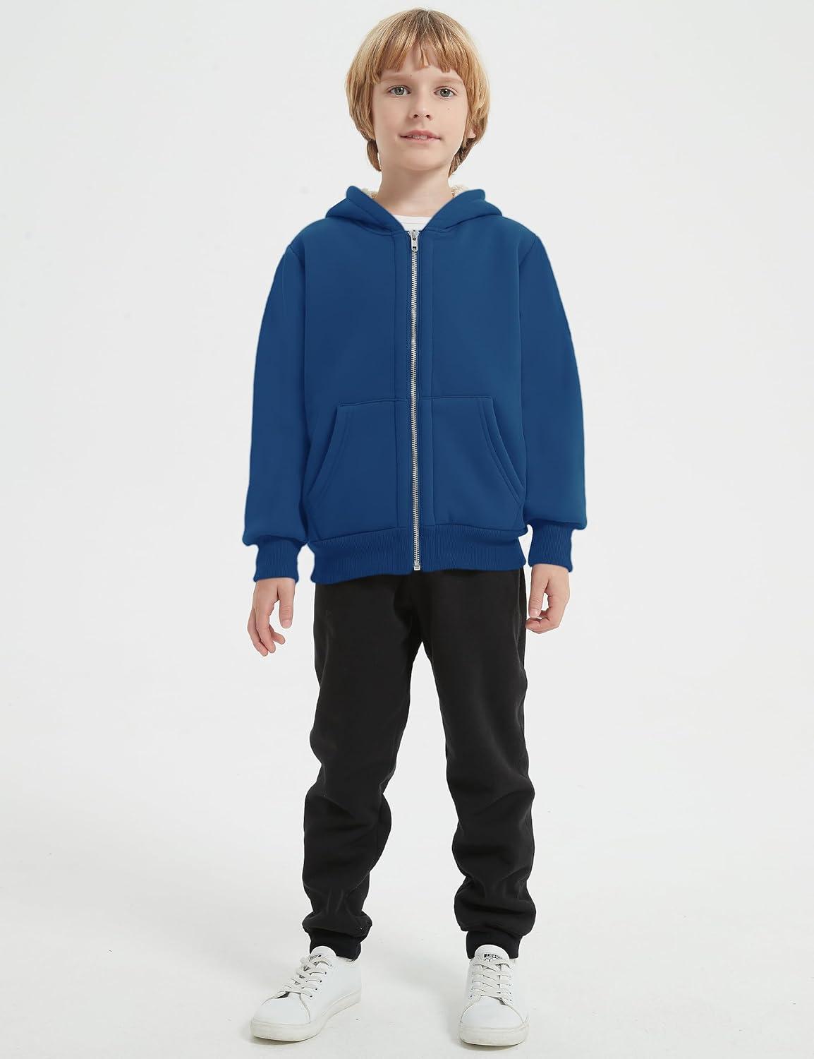 imageFlygo Unisex Boys Girls Fleece Jacket Hoodie Sherpa Lined Zip Up Hooded Sweatshirt Kids Winter JacketsLake Blue