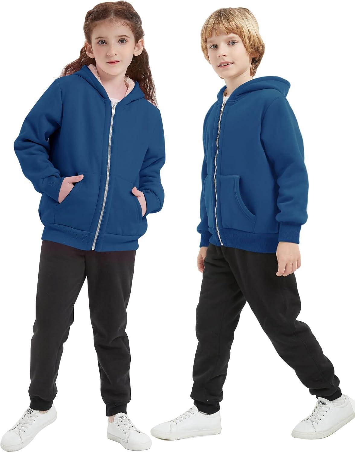 imageFlygo Unisex Boys Girls Fleece Jacket Hoodie Sherpa Lined Zip Up Hooded Sweatshirt Kids Winter JacketsLake Blue