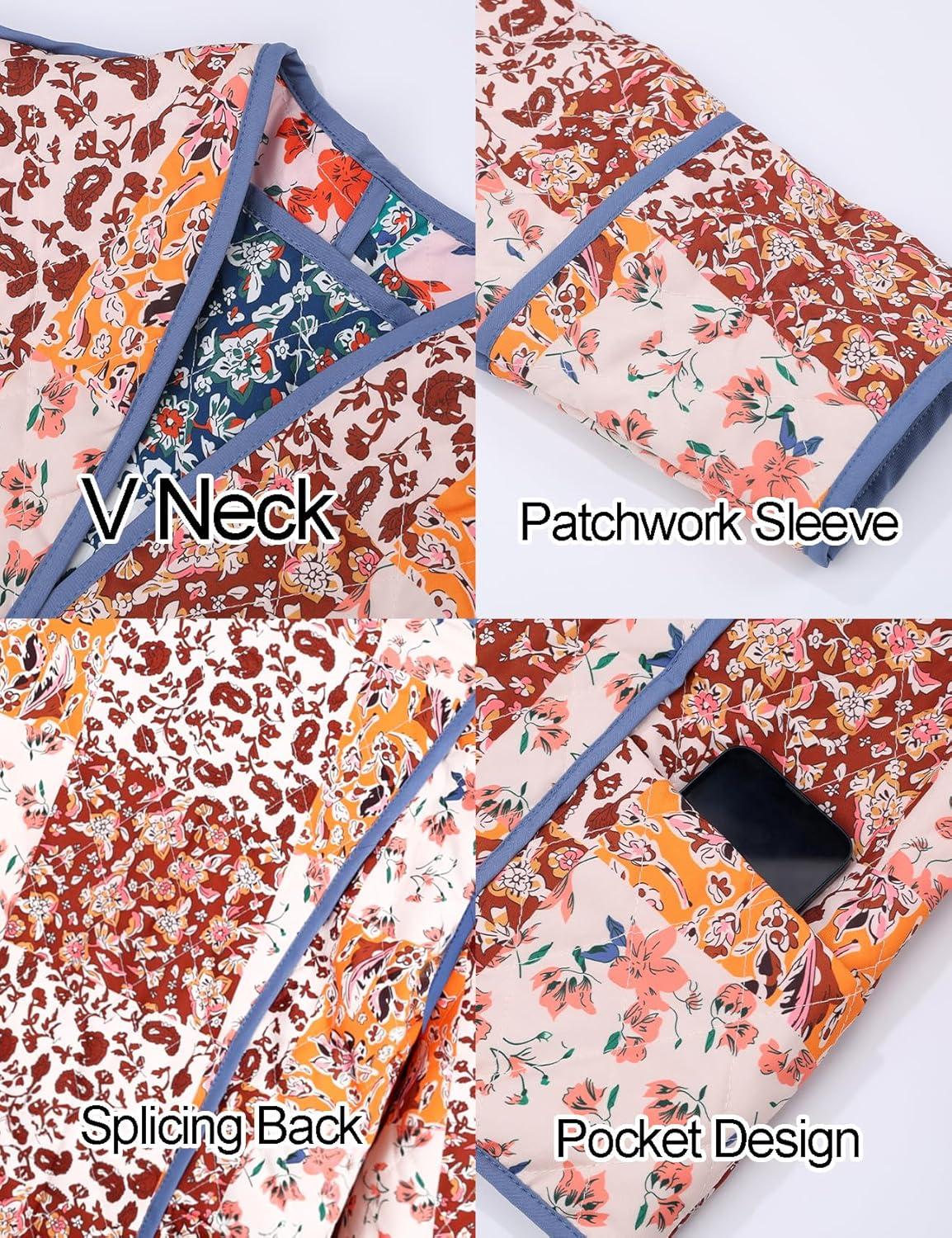 imageFlygo Women Cropped Puffer Jacket Cardigan Floral Printed Quilted Coats Lightweight Open Front Crop Padded Down Jackets01 Brown