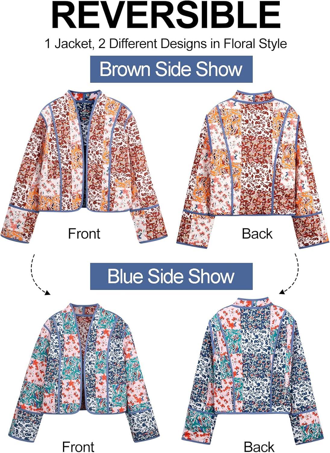 imageFlygo Women Cropped Puffer Jacket Cardigan Floral Printed Quilted Coats Lightweight Open Front Crop Padded Down Jackets01 Brown