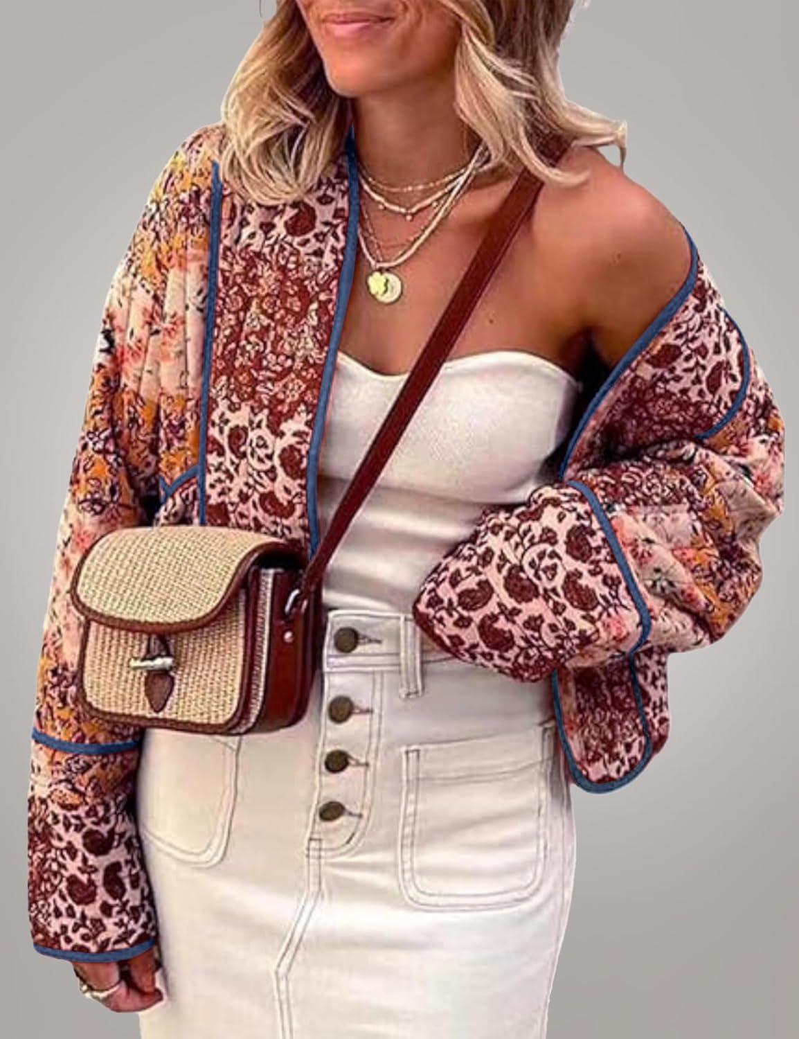 imageFlygo Women Cropped Puffer Jacket Cardigan Floral Printed Quilted Coats Lightweight Open Front Crop Padded Down Jackets01 Brown