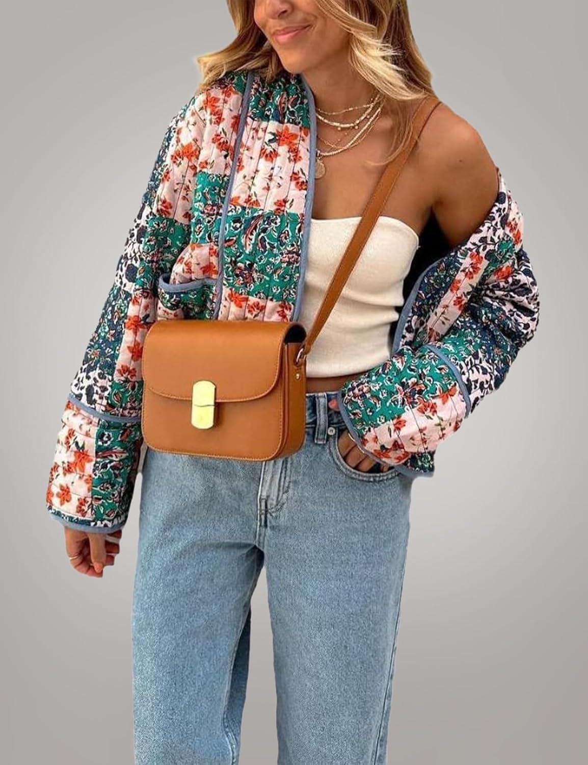 imageFlygo Women Cropped Puffer Jacket Cardigan Floral Printed Quilted Coats Lightweight Open Front Crop Padded Down Jackets01 Brown