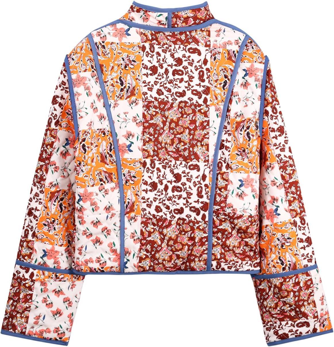 imageFlygo Women Cropped Puffer Jacket Cardigan Floral Printed Quilted Coats Lightweight Open Front Crop Padded Down Jackets01 Brown