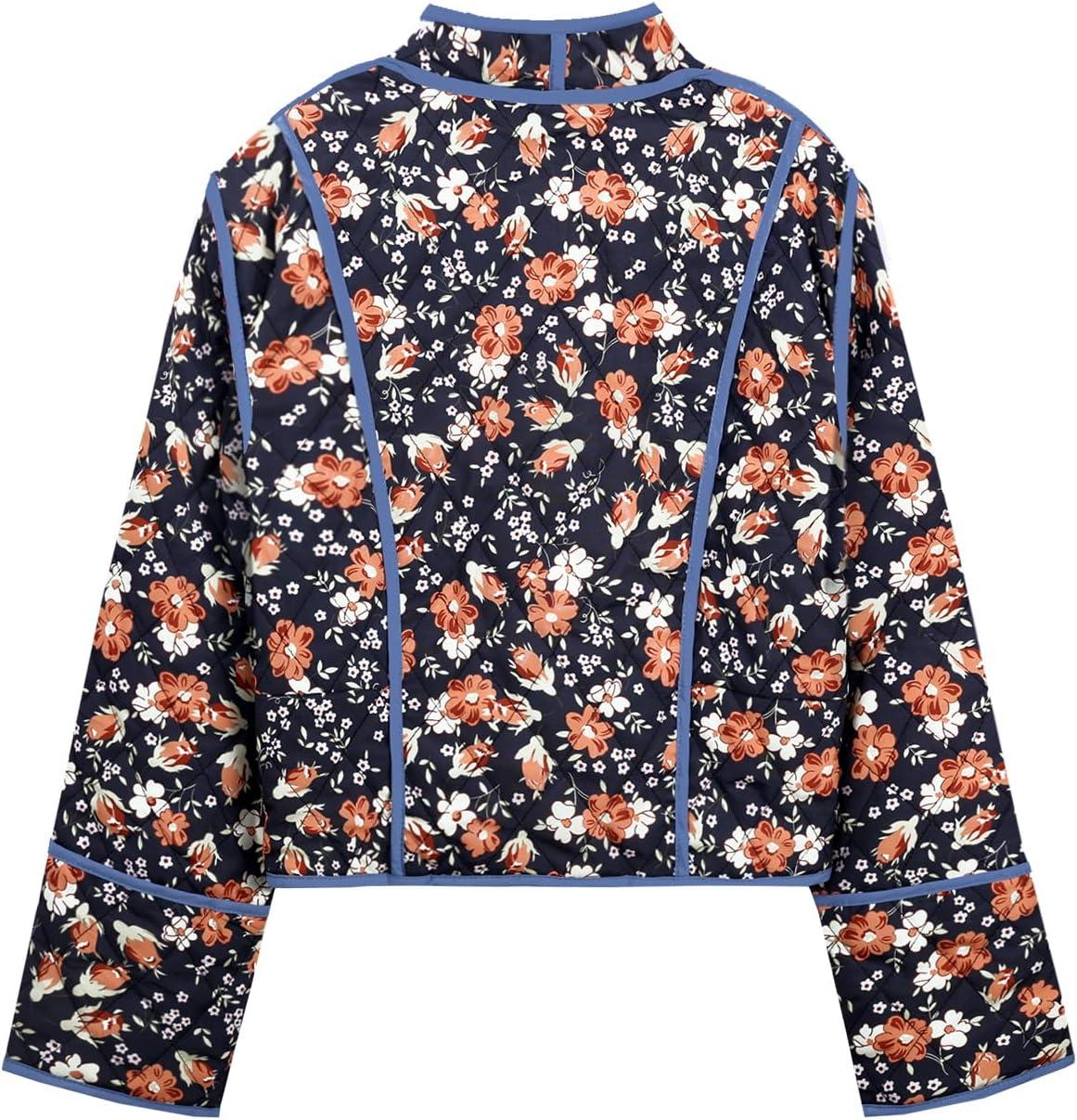 imageFlygo Women Cropped Puffer Jacket Cardigan Floral Printed Quilted Coats Lightweight Open Front Crop Padded Down Jackets01 Floral Black