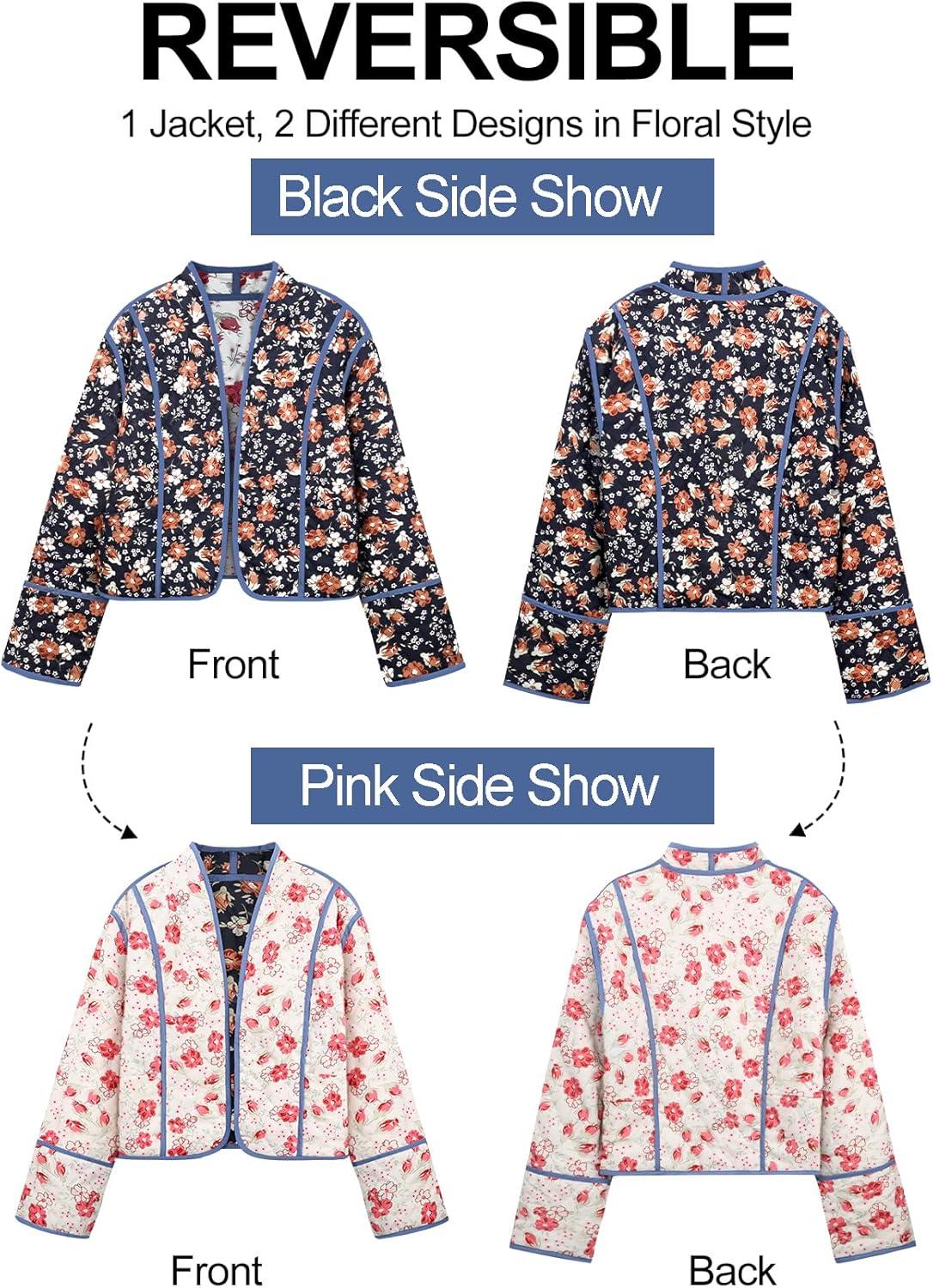 imageFlygo Women Cropped Puffer Jacket Cardigan Floral Printed Quilted Coats Lightweight Open Front Crop Padded Down Jackets01 Floral Black