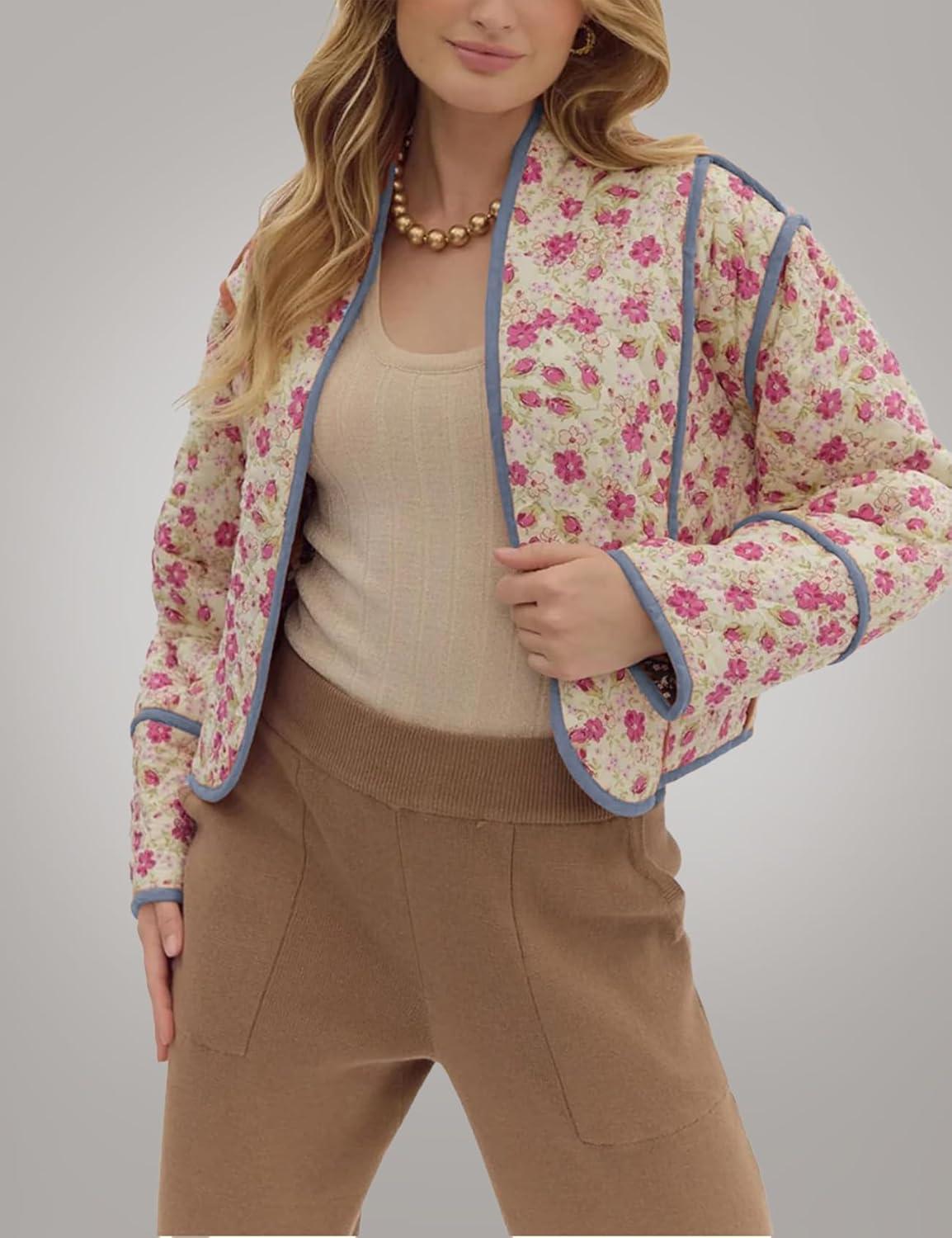 imageFlygo Women Cropped Puffer Jacket Cardigan Floral Printed Quilted Coats Lightweight Open Front Crop Padded Down Jackets01 Floral Black